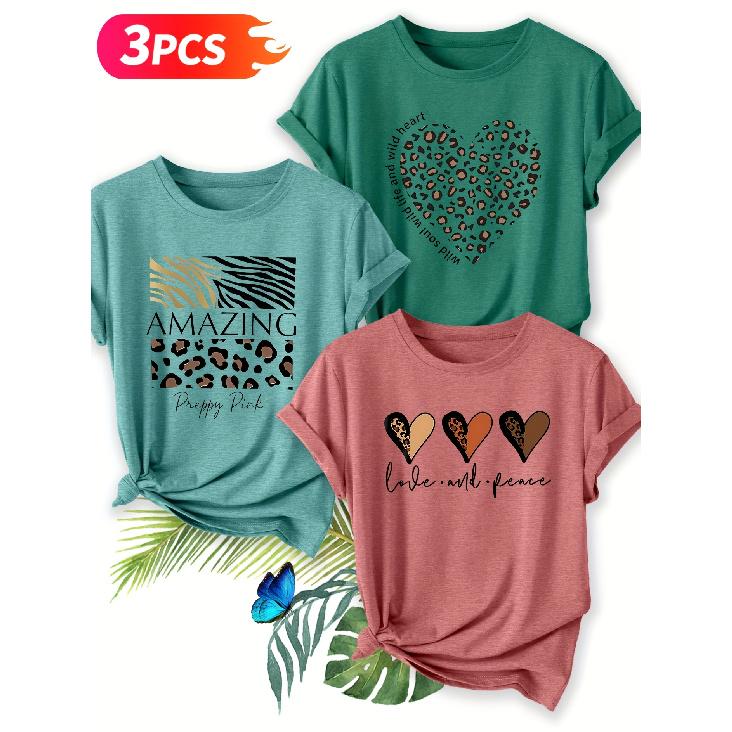 Three-piece set Elegant short-sleeved shirt for women Leopard print, zebra print“AMAZING”+ Wild love + Love and Peace Printed Round Neck Women's