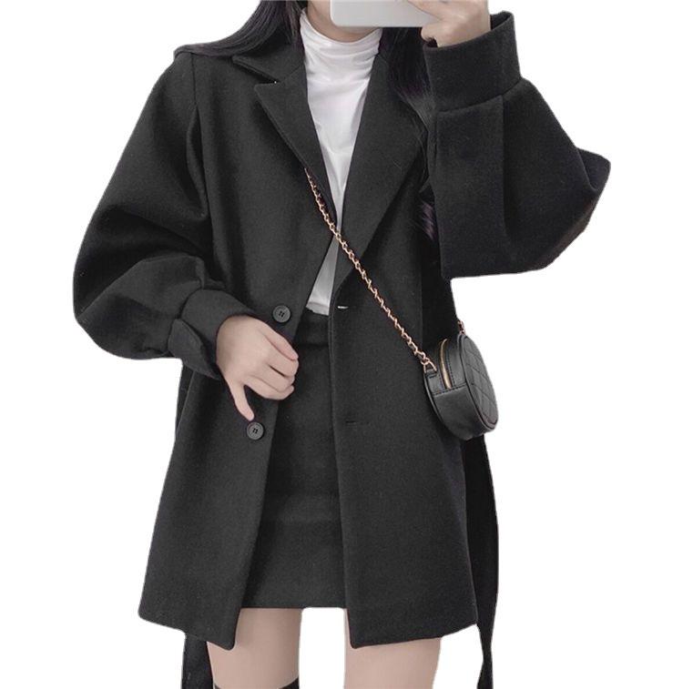 Корейское шерстяное пальто: Платье в стиле Хепберн, с ремешками, элегантное, с небольшим воротником, средней длины, тонкое, осенне-зимняя одежда для женщин.