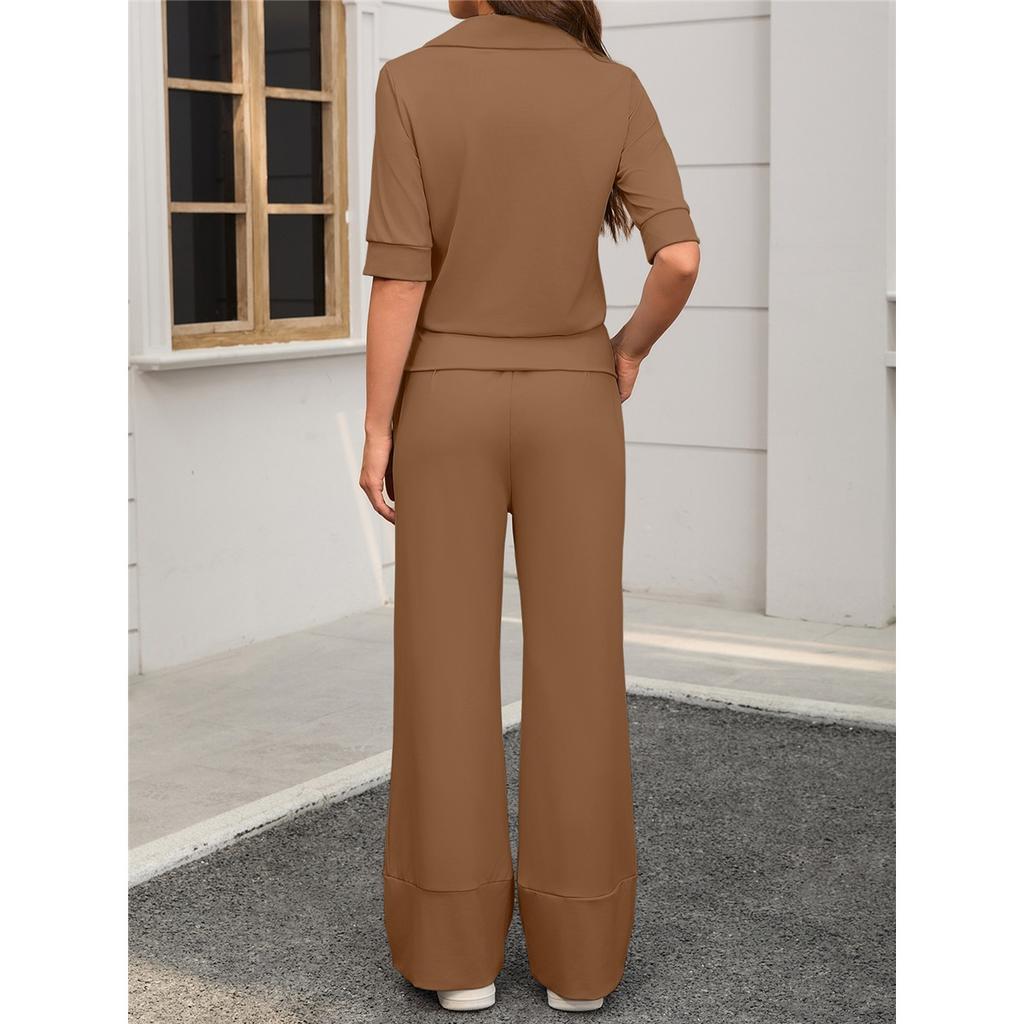  Комплект из 2 предметов. Женские повседневные брюки с короткими рукавами и лацканами, эластичные, широкие.