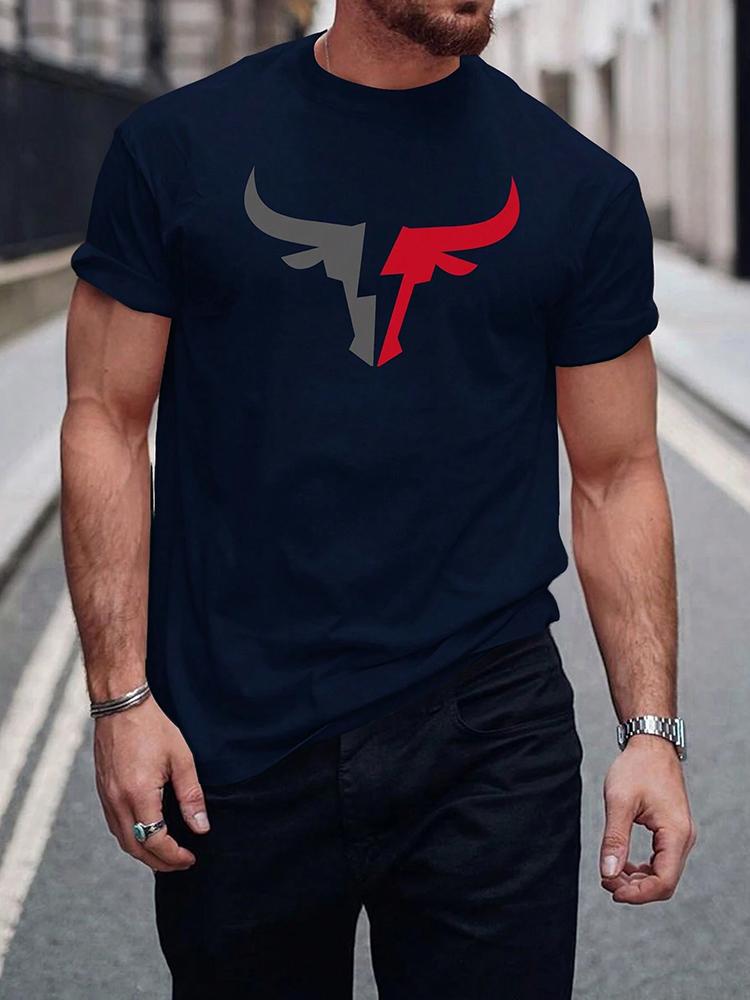 2024 New Summer Daily Casual Men's T-shirt Outdoor Street Men Fashion Short-sleeved Top 3D Bull Head Print Men's T-shirt