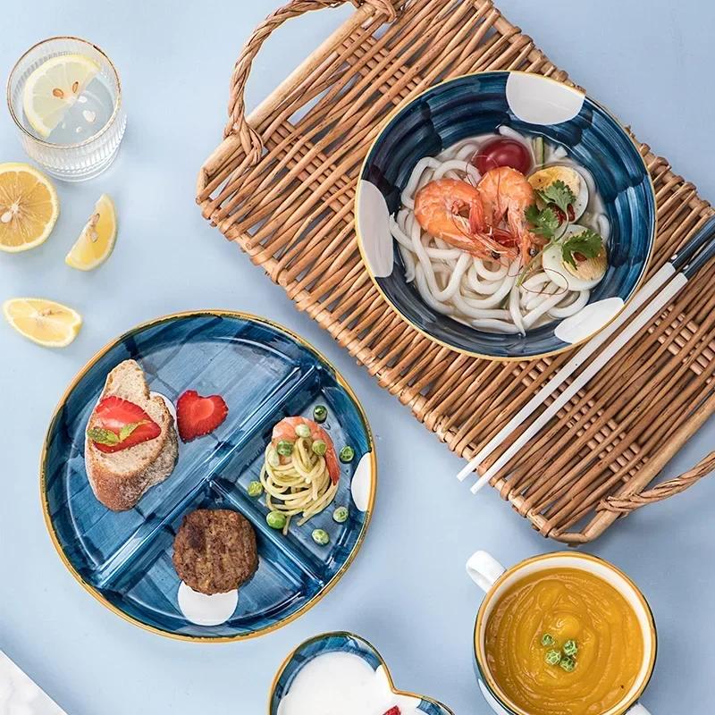 Семейная тарелка для завтрака на 1 персону, жиросжигающие, количественные разделительные тарелки, керамическая обеденная тарелка, нарисованная вручную, три решетки