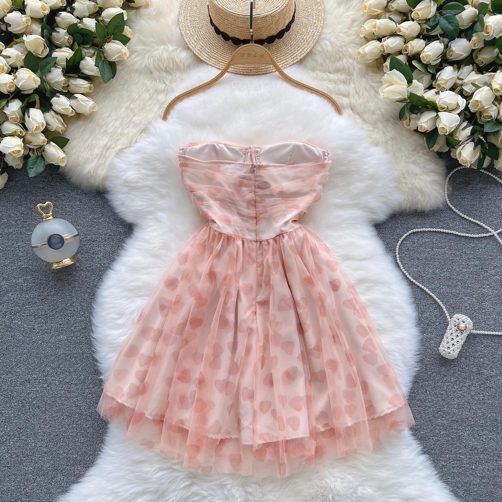 Women's Summer Pink Sweet Dress Mesh Party Mini Cute Dresses