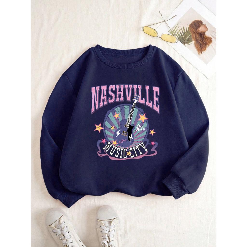 Street Woman Pullover Nashville Music Cith Poster Printing Hoodie Crewneck Loose Fleece Soft Sweatshirt Autumn Female Clothes