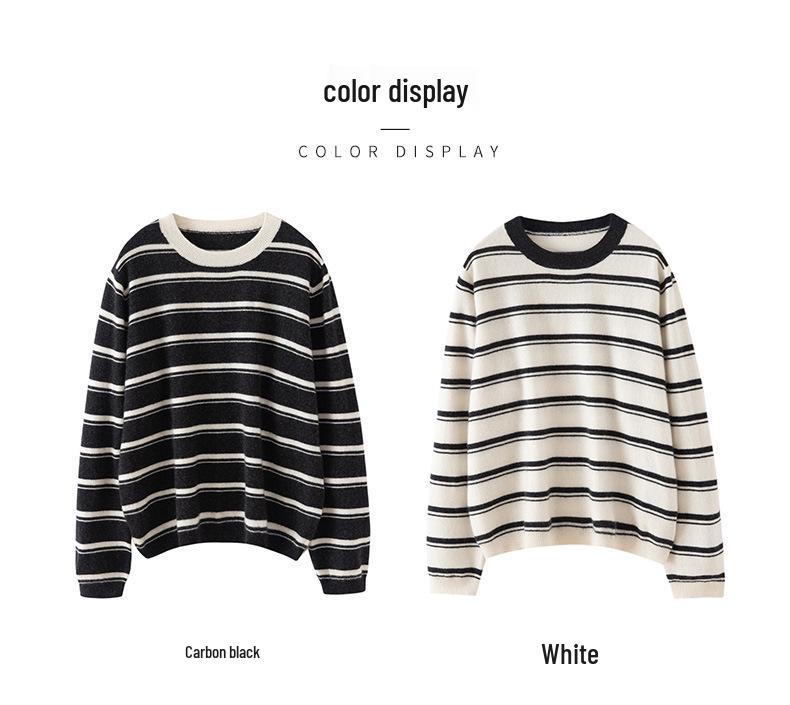Autumn Winter Retro Stripe 100% Pure Cashmere Round Neck Knit Loose Sweater
