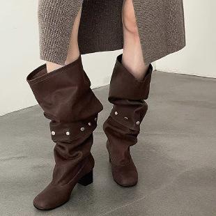 High boots, women's thick heels, two 2026 thin trousers, long boots, new models are piled up but knee boots, autumn retro no