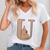 Funny Cute Capybara 26 Alphabet Unisex Tshirts Cartoon Animal Surname First Letter Az Short Sleeve Tops V Neck Capybara Tshirt