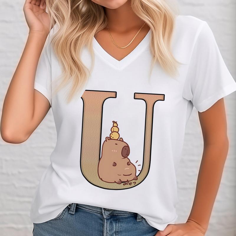 Funny Cute Capybara 26 Alphabet Unisex Tshirts Cartoon Animal Surname First Letter Az Short Sleeve Tops V Neck Capybara Tshirt