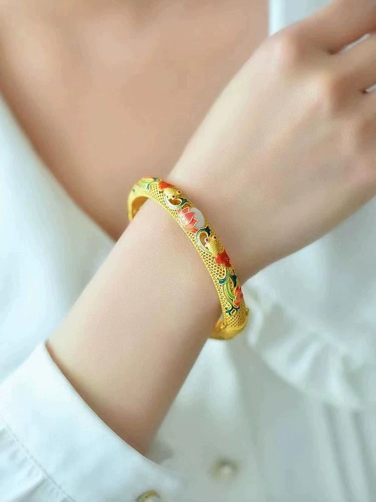 New Chinese style burnt blue gilt koi lotus bracelet female court style hollow enamel open bracelet for mother gift