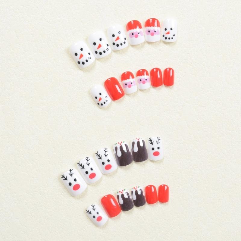 Christmas Press On Nail Snowman False Nail Santa Claus Acrylic Nail Lovely Elk Full Cover Stick on Nail for Woman