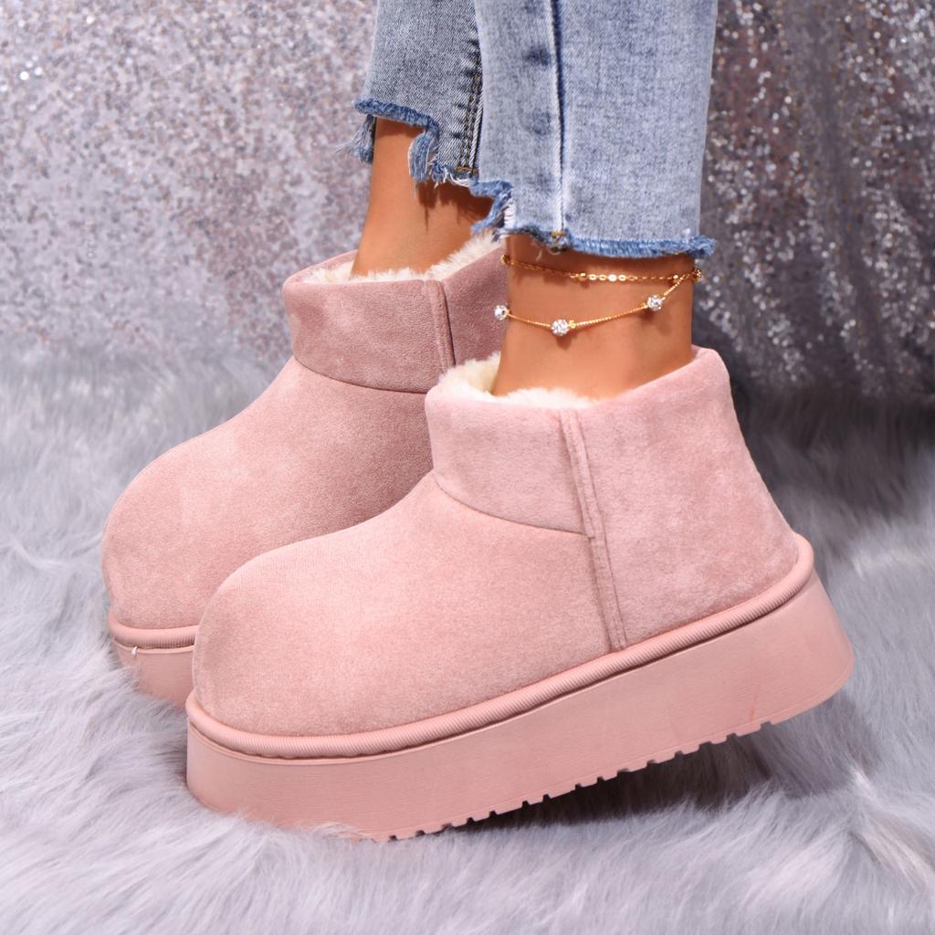 Fashion Sweet Pink Faux Suede Snow Boots Women Winter Warm Short Plush Ankle Boots Woman Korean Non Slip Platform Booties Female