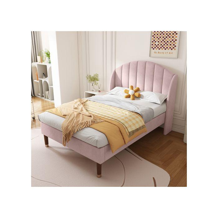 Lit rembourré - MUVOE - 90x200 cm - Velours rose - Sommier à lattes - 1 place