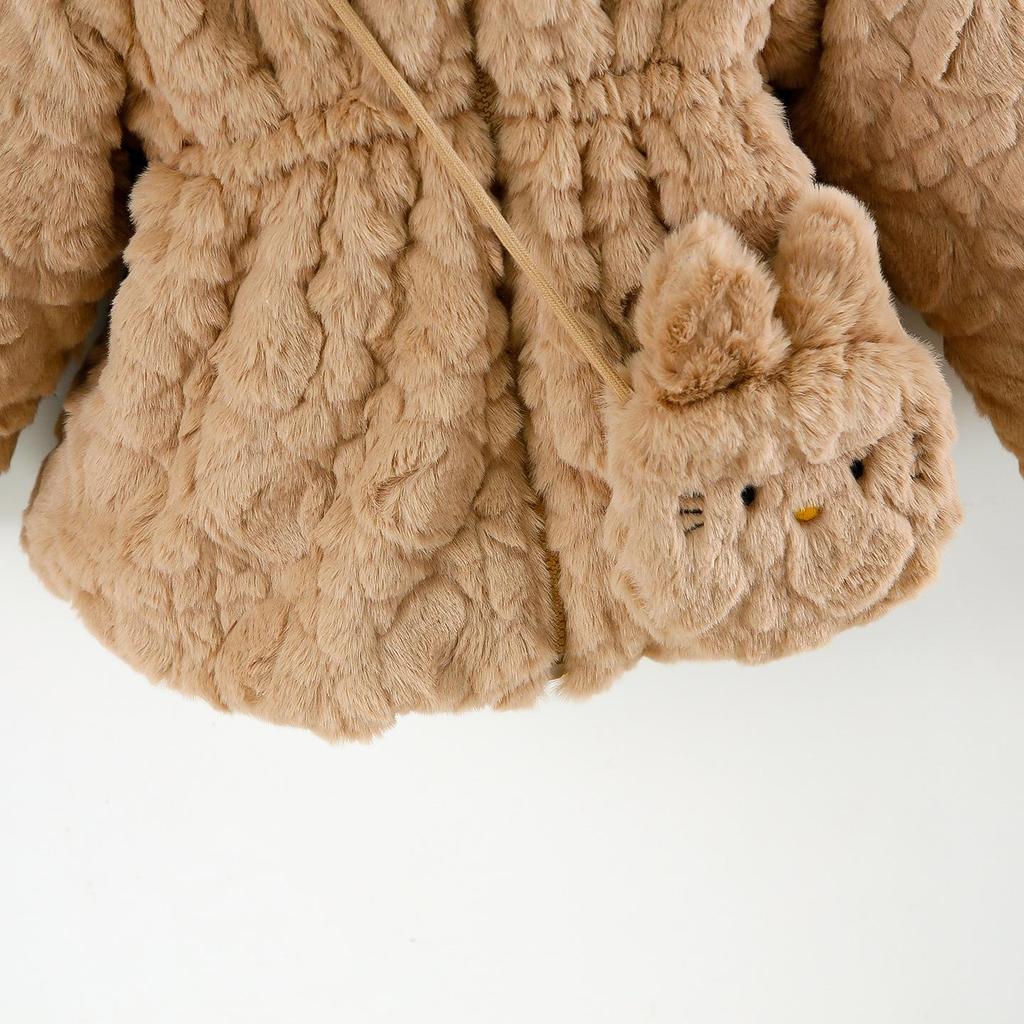 Свитер-пальто с капюшоном для девочек, с вышивкой мультяшного кота, пушистый, стеганый из искусственного меха, для осени/зимы