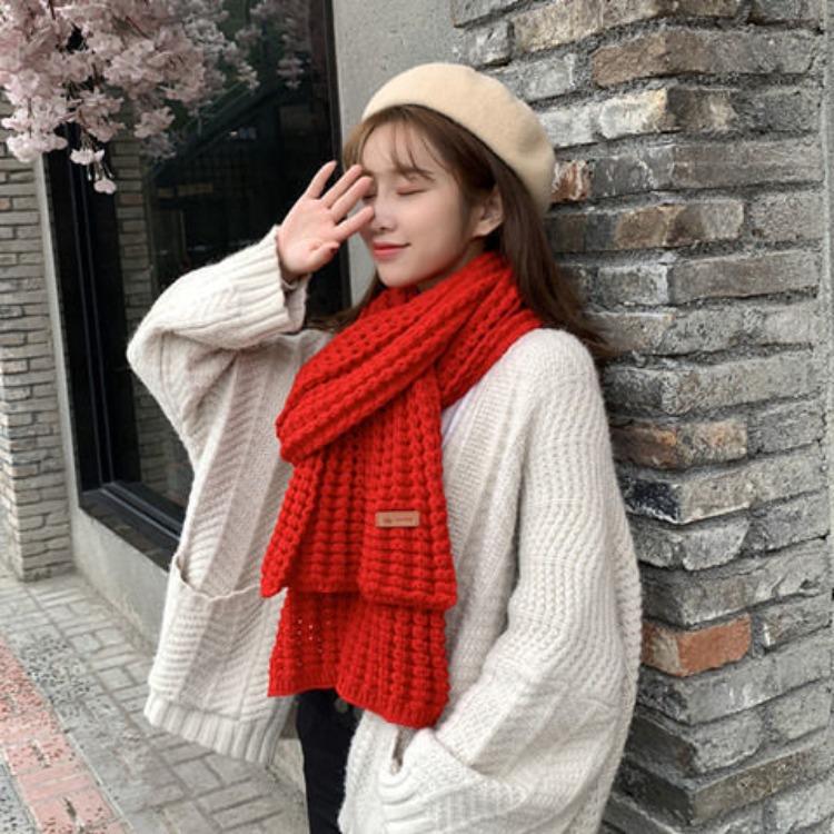 Ins Harajuku Style Coarse Wool Knitted Scarf Women's Winter Korean Version of The Wild Warmth Japanese Students Solid Color Scarf Trend