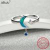 Cute Small Star Moon Ring 925 Sterling Silver Rose Gold Blue Fire Opal Rings For Women Blue Stone Dangle Wedding Thin Ring Band