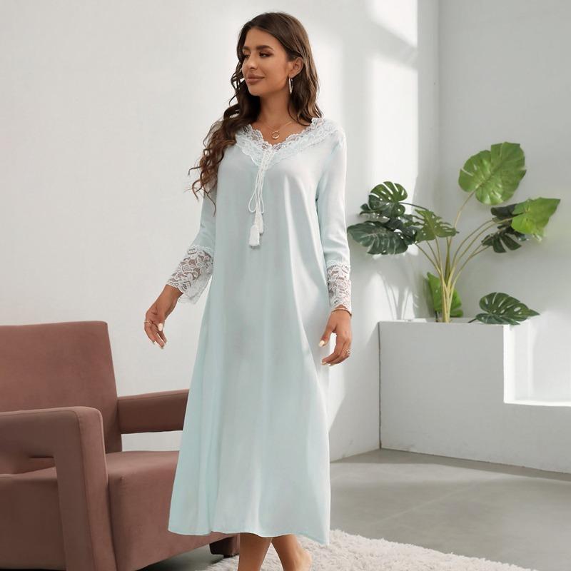 Женская новая кружевная однотонная пижама с длинными рукавами и V-образным вырезом, домашняя одежда, платья больших размеров с длинными рукавами