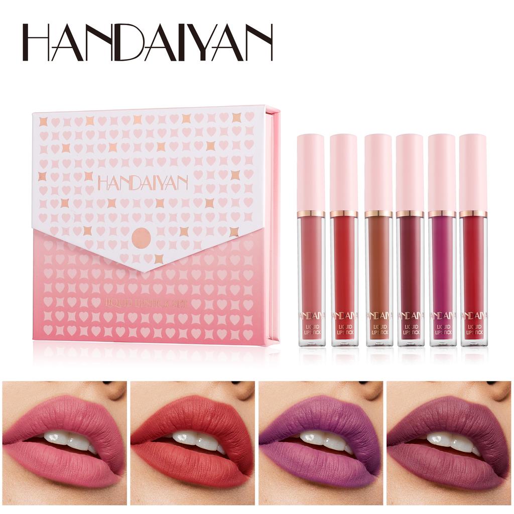 HANDAIYAN Lip Glaze Set Liquid Matte Crystal Lipstick Non-stick Cup Non-Fading Jelly Color 6 Lip Gloss Gift Box