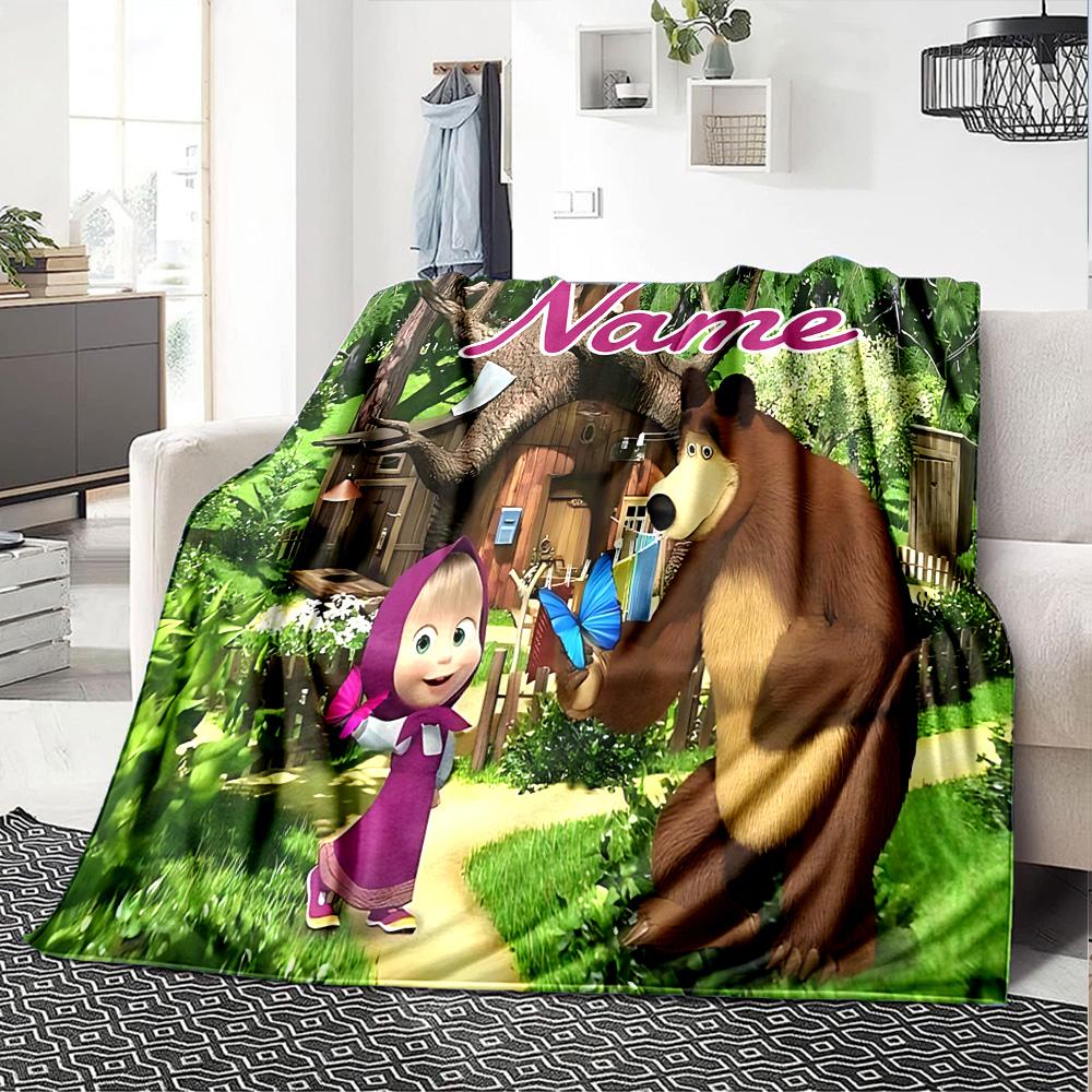 Custom Name Masha Bear Flowers flannel Blanket for Super Soft Cute Comfort Blanket for Travel Bedding Couch Sofa Blanket
