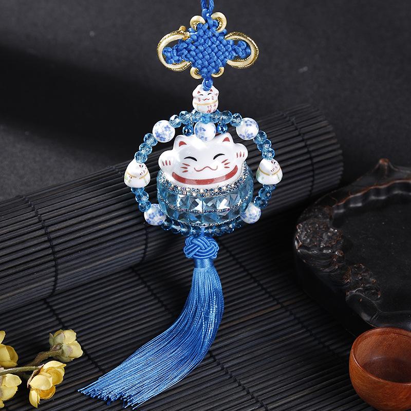Подвеска для автомобиля 'Счастливый кот', инкрустированная бриллиантами, кристаллическая керамика, китайский узел, подвеска для зеркала заднего вида автомобиля, украшение, автомобильные аксессуары