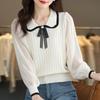 Ice Silk Top Women's Autumn New Knitted Bottoming Shirt Season Doll Collar Splicing Shirt