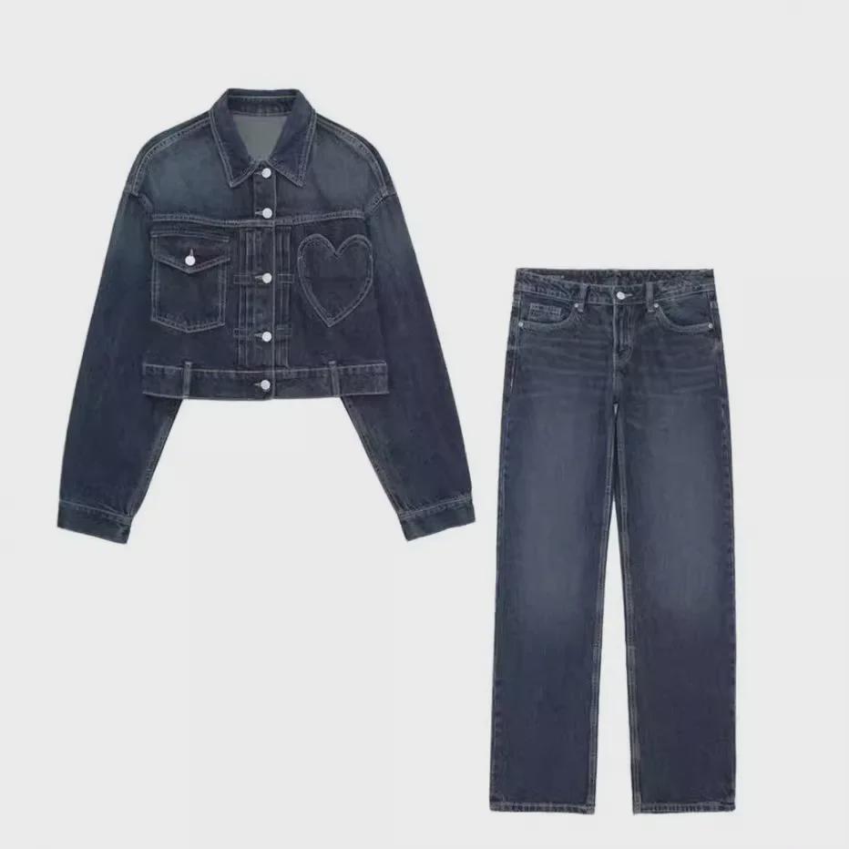 Женская модная джинсовая куртка и прямые брюки с высокой талией 8197003 8197002