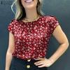 Женская повседневная блузка с круглым вырезом и коротким рукавом с цветочным принтом