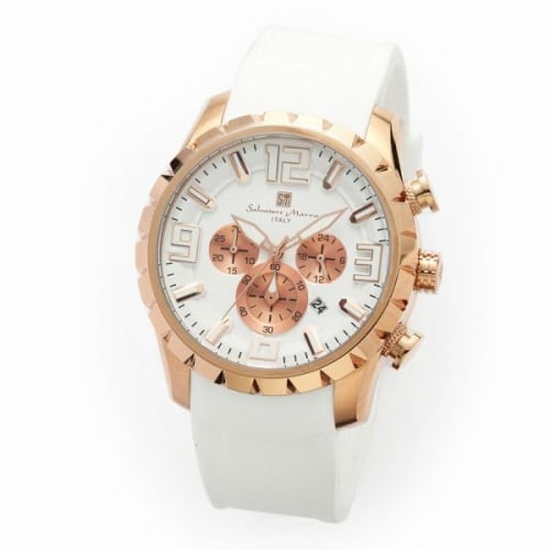 Authentic Salvatore Marra Wristwatch, SM22111-PGWHWH, 10 ATM Water Resistance, Date Display, Chronograph, Rubber Strap, PGWHWH