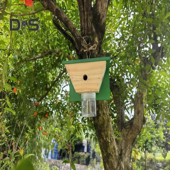 Wood House Carpenter Bee Trap with Clear Bottle Outside Natural Wood Boring Bee Trap Weather-proof Outdoor Hanging Bee Catcher