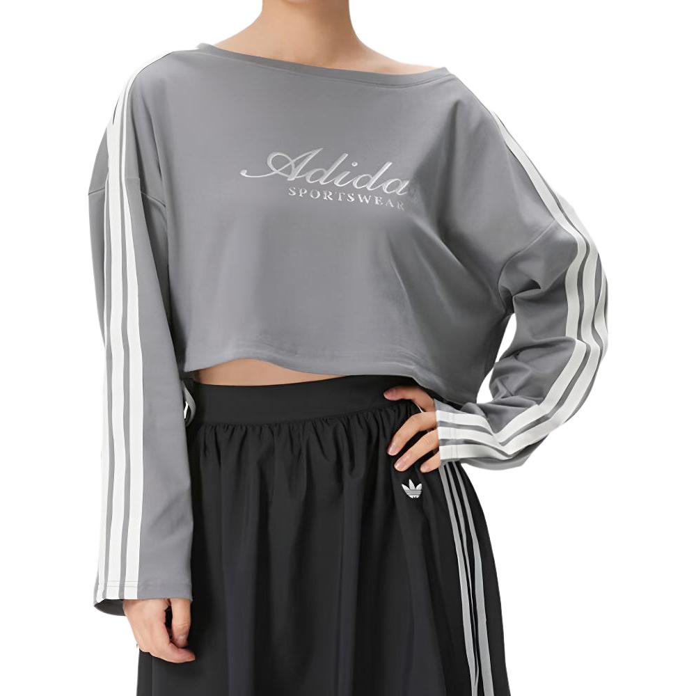 Adidas Танцевальная серия Three Stripes Повседневная футболка с длинным рукавом и спущенной линией плеча из чистого хлопка для женщин tops KX8924
