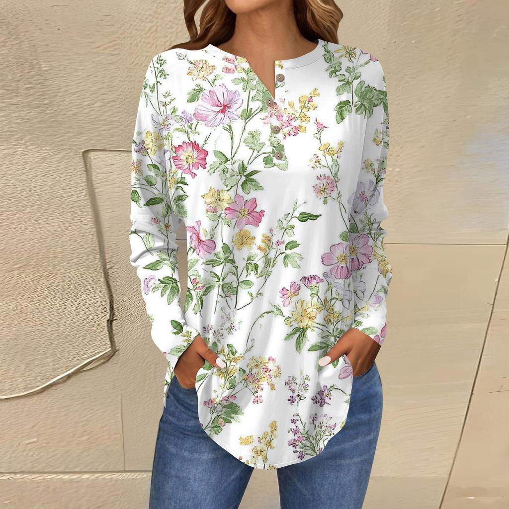 Модная свободная футболка с длинным рукавом и цветочным принтом на пуговицах, топ-пуловер