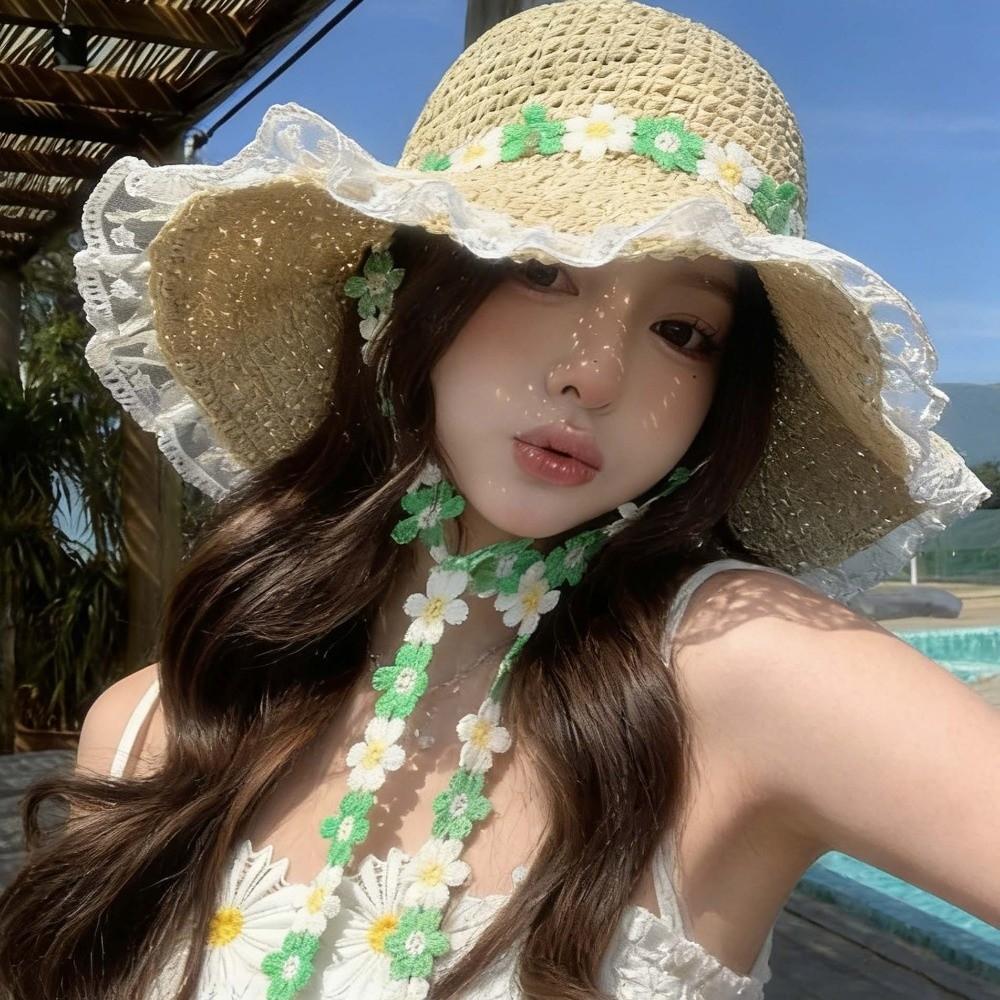 Breathable Flower Straw Hat Lace Trim Beach Hat Women Visor Bucket Hat Seaside Vacation