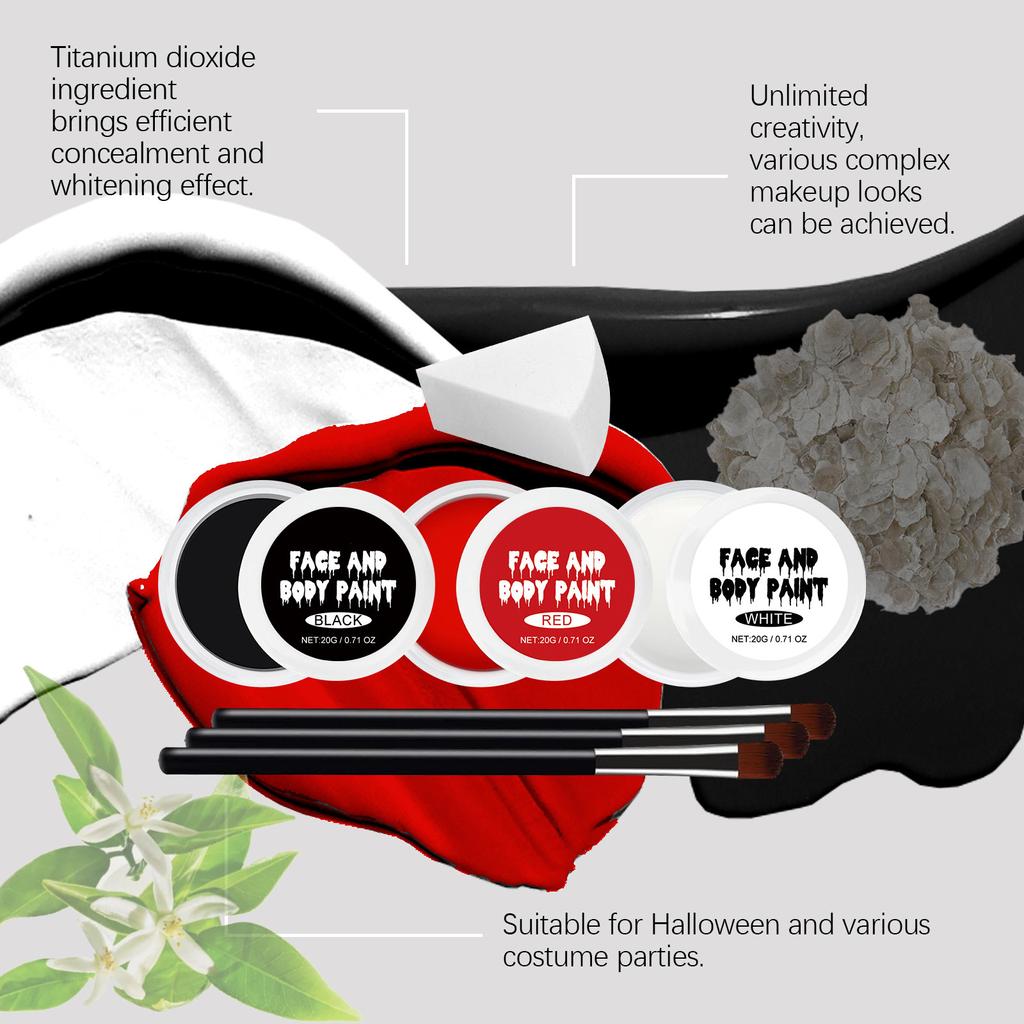 7 наборов черно-бело-красной краски для лица, 3 цвета, набор для макияжа клоуна с губкой и кисточкой, краска для лица и тела для косплея на Хэллоуин, специальный эффект макияжа