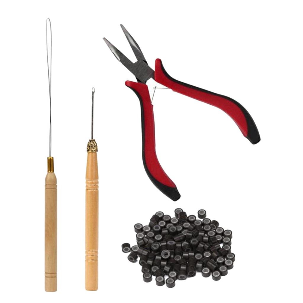 4pcs Hair Wig Plier Curved Tip Wooden Hook Needle Silicone Rings Hair Extension Tools Brown