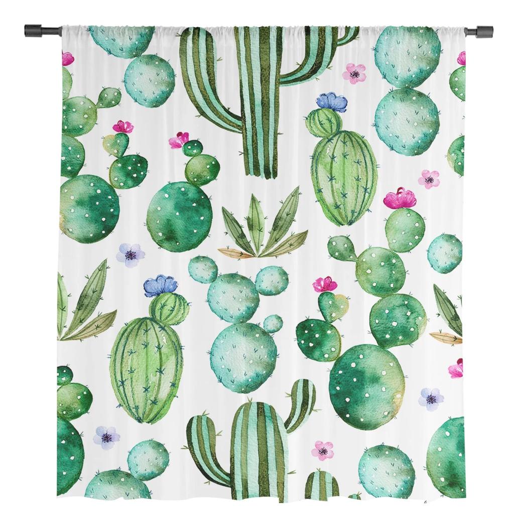 Кактус акварельные цветы зеленые роскошные тюлевые шторы современная гостиная кухня шифоновая занавеска для спальни прозрачная занавеска с балдахином