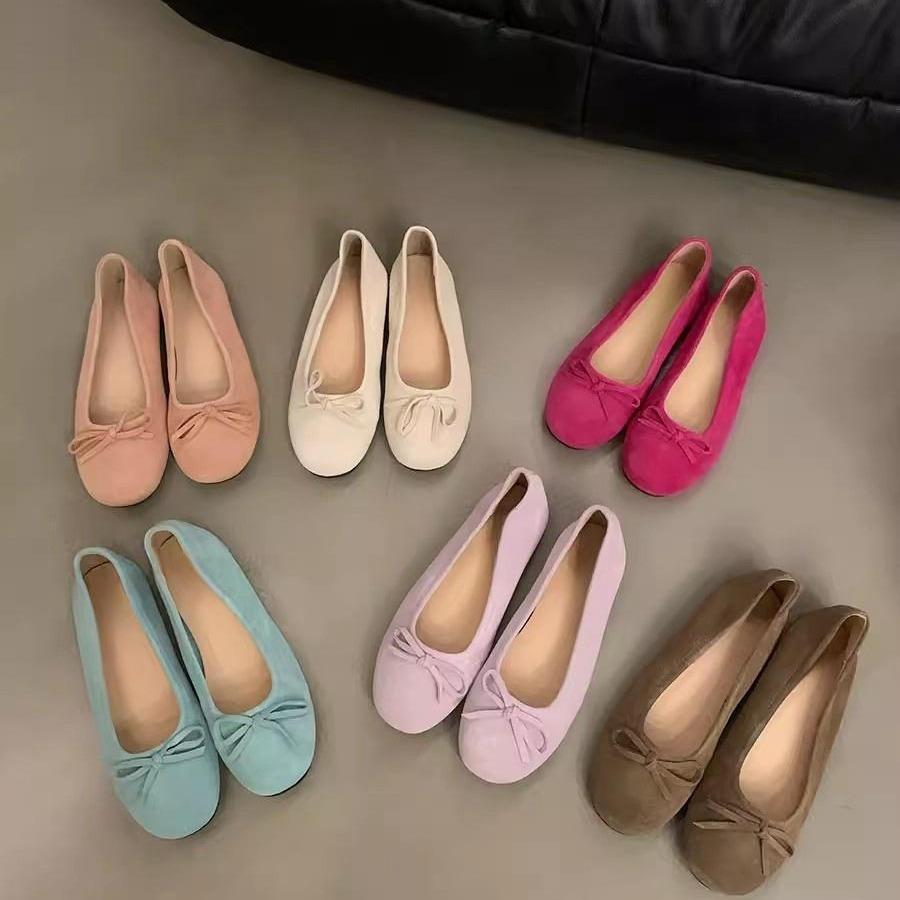 French Suede Bow Ballet Shoes Women's 2025 Spring New Gentle One-pedal Soft-faced Flat-soled Single Shoes Tide