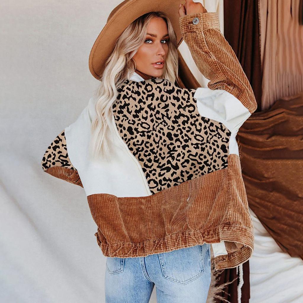 Fashion Women's Loose Lapels Long Sleeves Leopard Print Corduroy Patchwork Shirt Button Tops