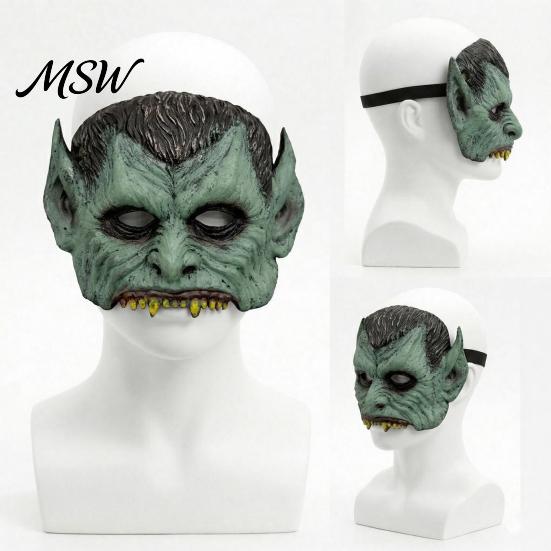 Retro Distressed Vampire Mask Green Halloween Mask, Half Face with Pointy Ears & Sharp Teeth, Creepy Costume Accessory Party Lightweight PU
