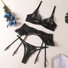 Black Bow Embroidered Sexy Lingerie 3Pcs Sets Mesh See Through Bra Brief Garters Sensual Underwear Onlyfans Kit