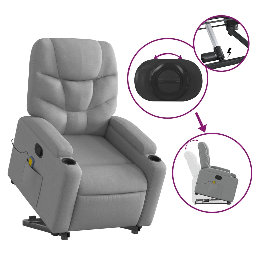 Massage Recliner with Rising Assistance Light Grey Fabric