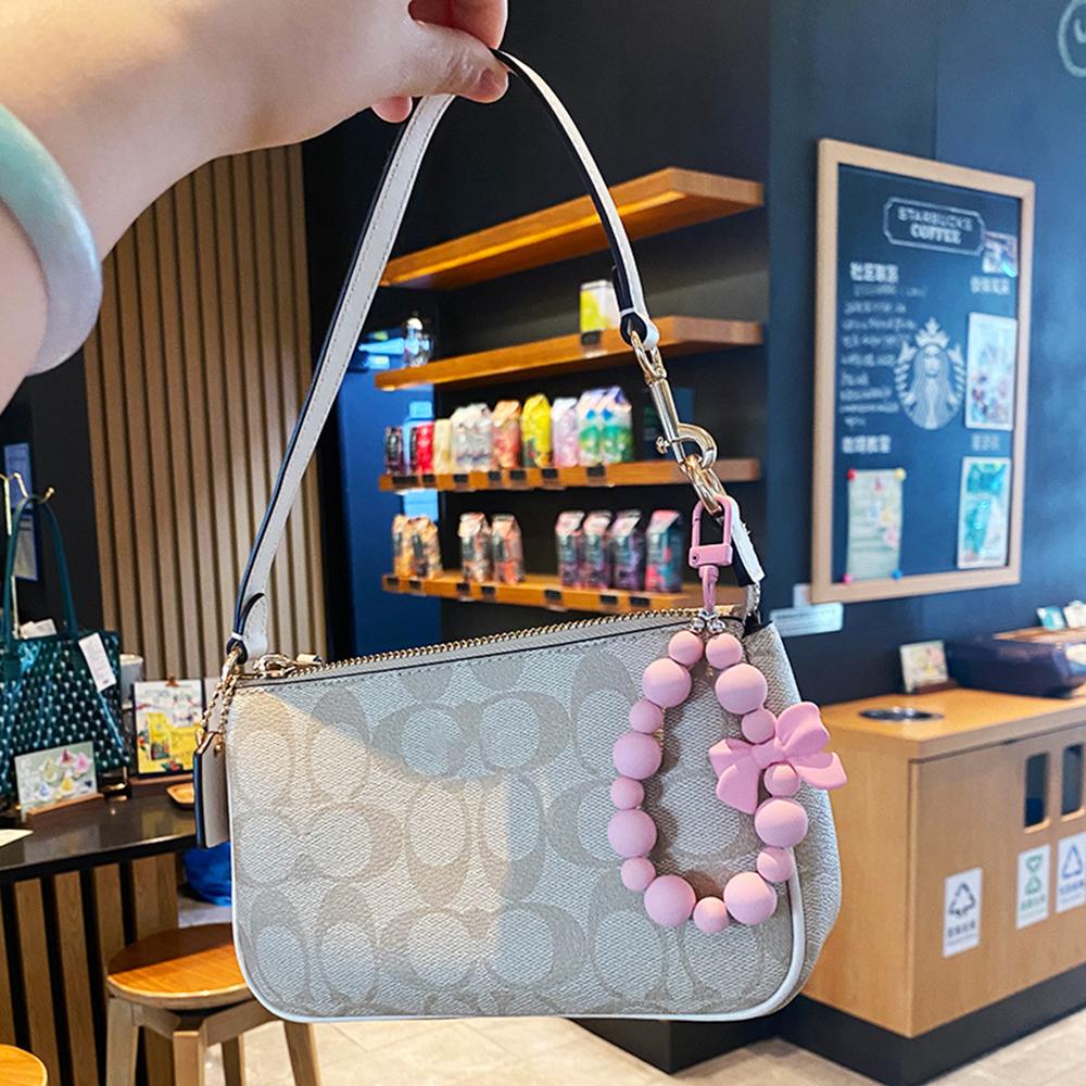 Брелок с розовым жемчужным бантом, цепочка для мобильного телефона, чехол для наушников, шнурок против потери, брелок для автомобиля, подвеска из бусин, аксессуар-подвеска для рюкзака