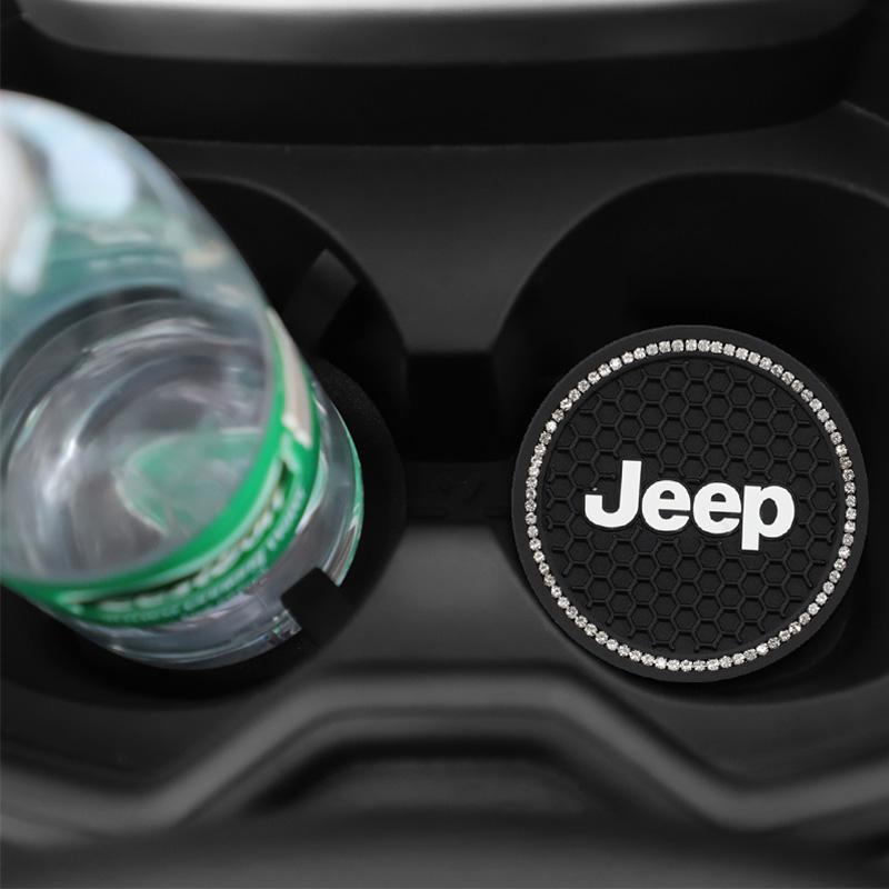 AIN4 2Pcs Silicone Car Cup Mats Anti Noise Coaster Auto Accessories For Jeep Grand Cherokee Wrangler JK Gladiator Compass Renegade