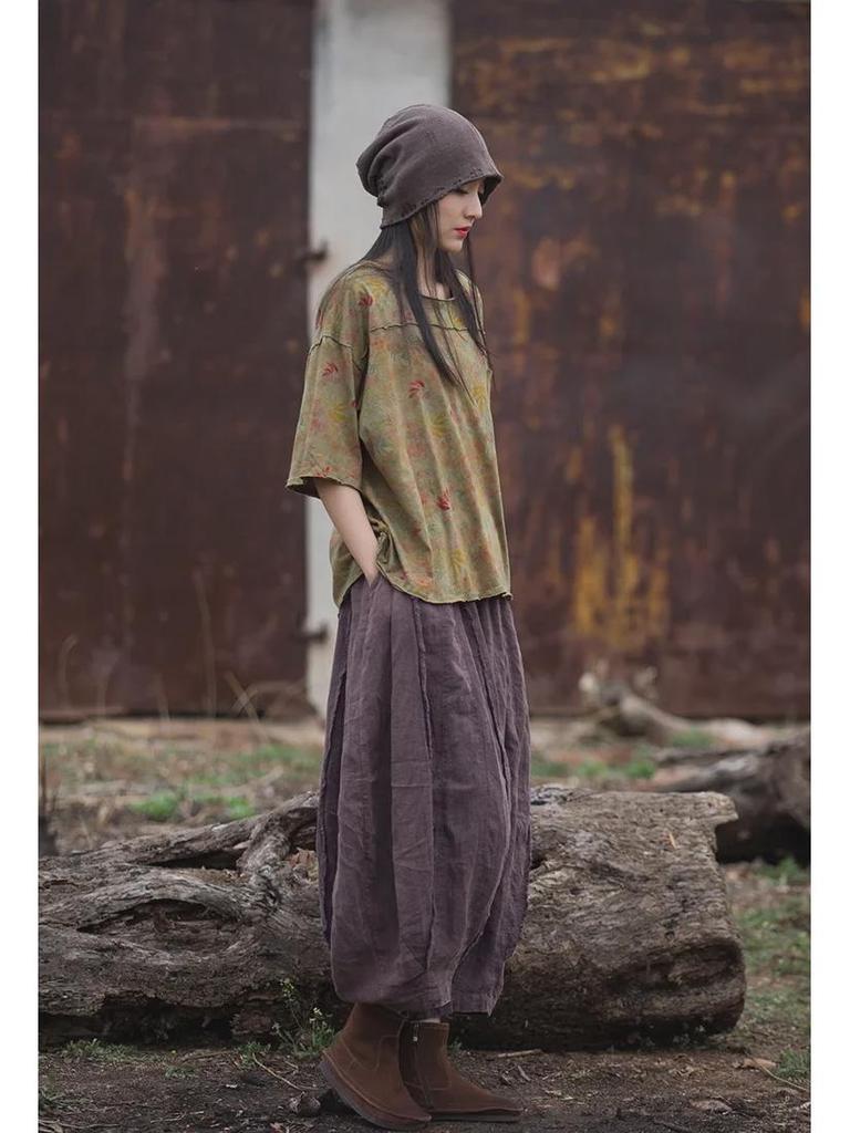 Женская футболка с коротким рукавом из хлопка и льна с пескоструйной обработкой в винтажном стиле