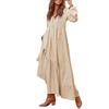 Women's Casual Maxi Dress V-Neck Loose A-Line Pleated Dress Long Sleeve Retro Cotton Linen Dress for Work Street Vacation