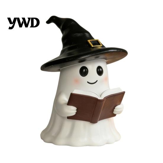 Kawaii Ghost Table Lamp Halloween Figurine with LED Light, Resin Witch Hat Statue Led Glowing Guitar/Book, Cute Luminous Sculpture for Home