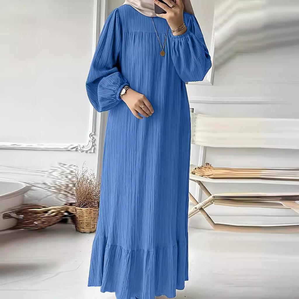 Spring and Autumn Women's Fashion Long Sleeve Vintage Solid Colour Ruffle Hem Long Dresses
