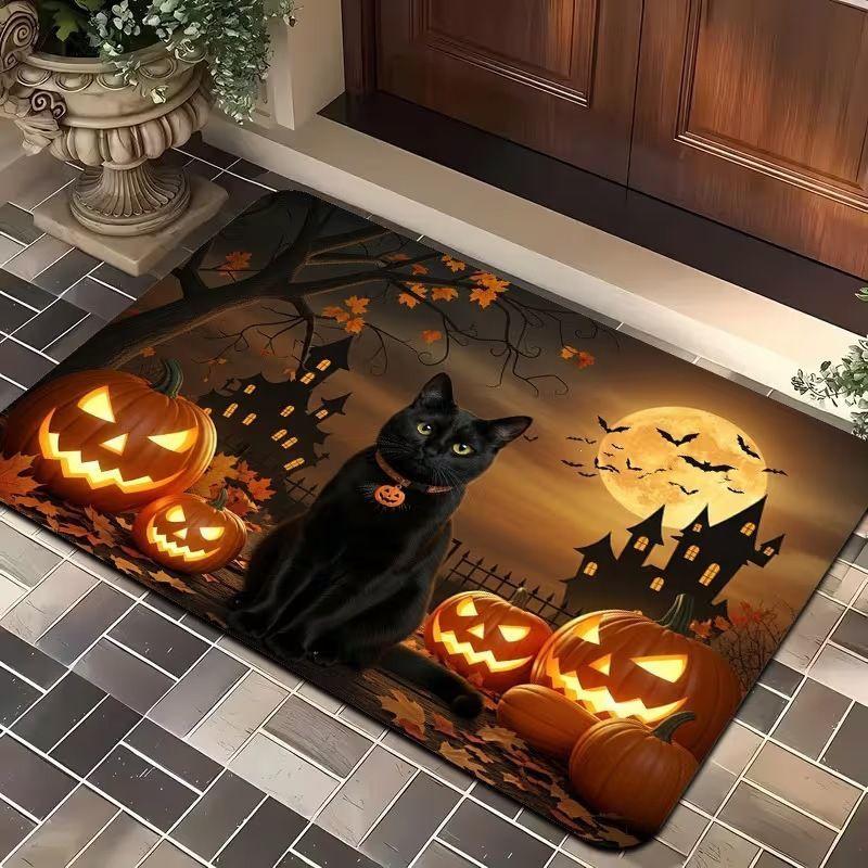 Halloween Black Cat Skull Ghost Pumpkin Door Mat Gothic Non-Slip Entry Rug Floor Carpet Home Decor
