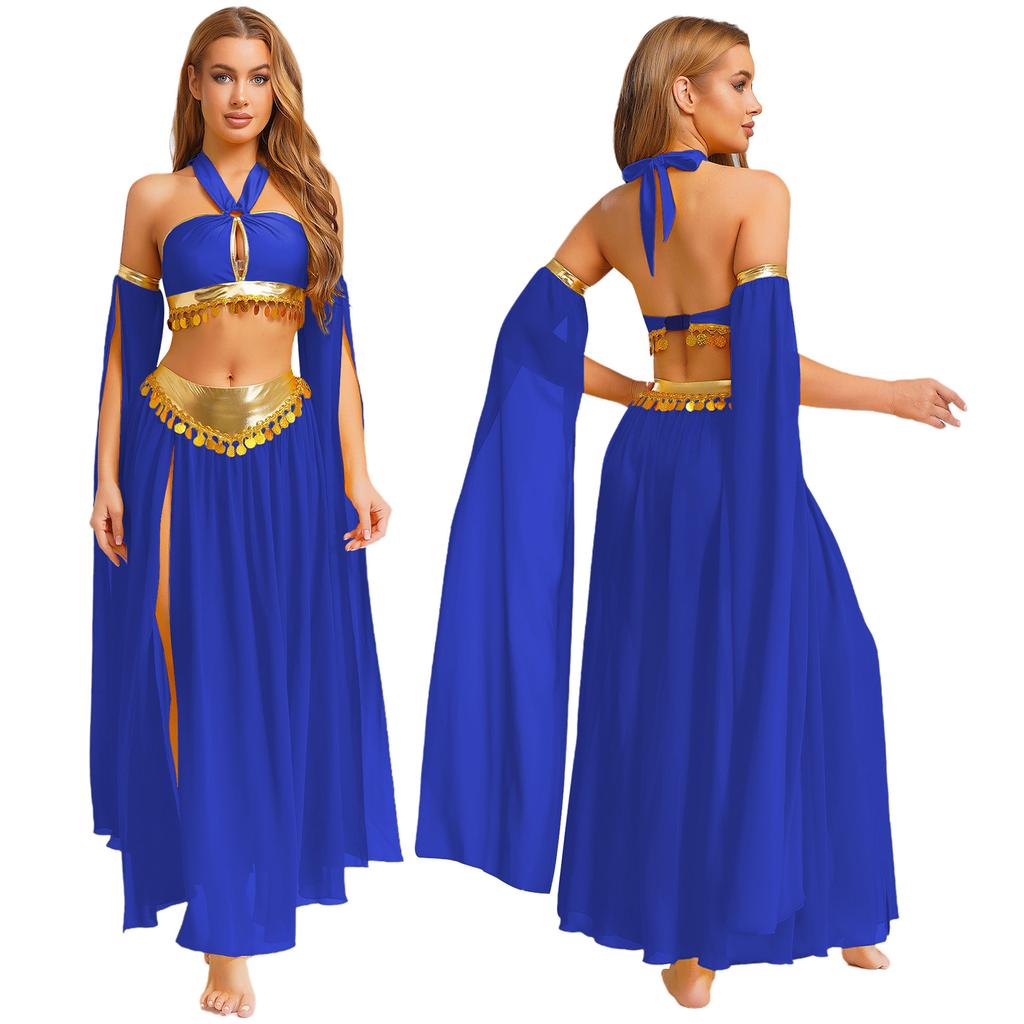Women's Belly Dance Costume Set: Self-Tie Halter Crop Top with Built-In Briefs & Side Slit Chiffon Skirt + Removable Split Sleeves