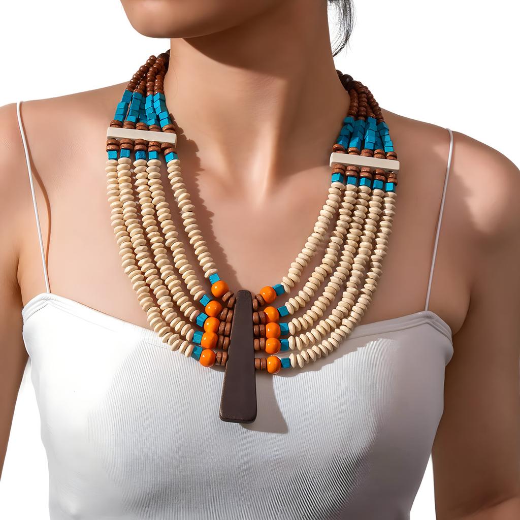 Fashion Personalized Wood Bead Handmade Beaded Necklace Exaggerated Retro Necklace National Style Accessories