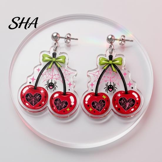 Versatile Daily Earrings 1 Pair Acrylic Cherry for Women, 2D Fruit Dangle Drop Gift Girls Friends with Spider Web And Bow, Punk Jewelry Halloween