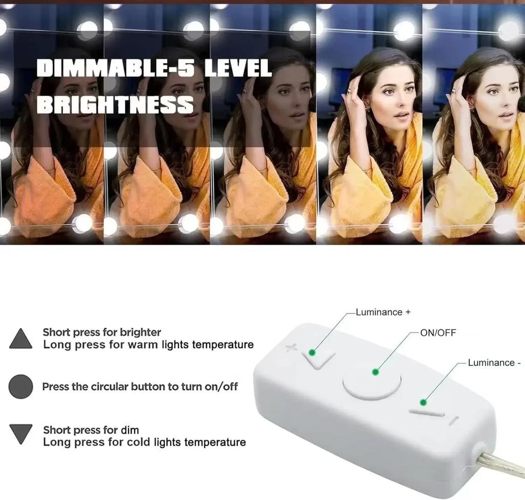 10 LED Vanity Mirror Light Bulbs Kit,Dimmable Hollywood Makeup Wall Lamp with 3 Color Modes for Dressing Table,Bedroom,Bathroom