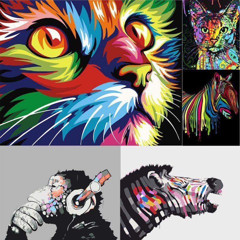 Яркая абстрактная картина на холсте с тигром и львом для современного декора гостиной 40x30см